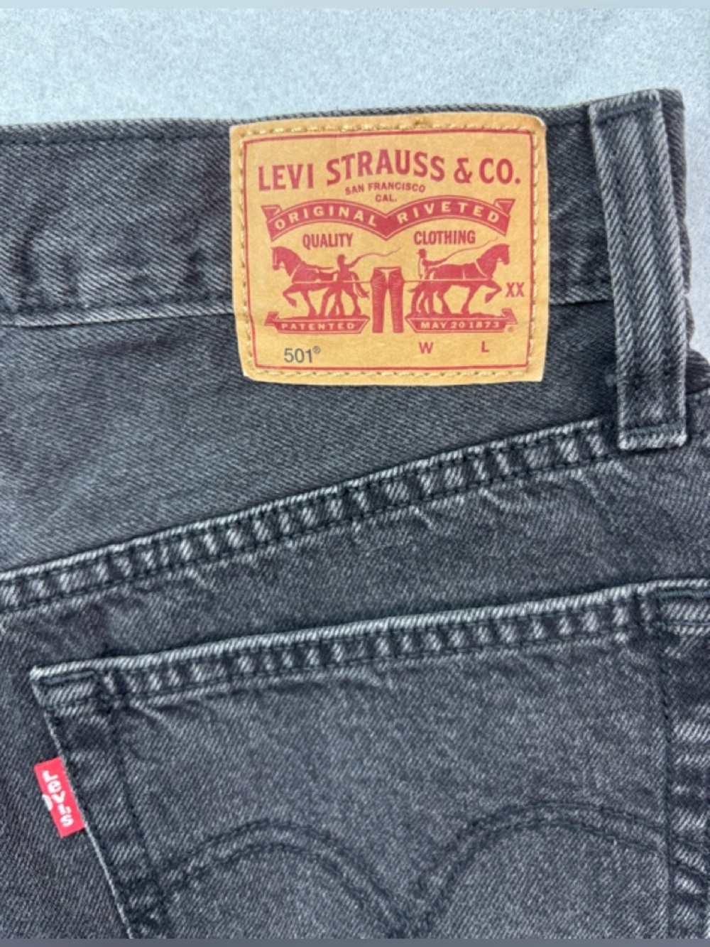 Levi's 501 S Button Fly Raw Hem Black & Blue Distressed Denim Shorts Duo - Picture 5 of 7